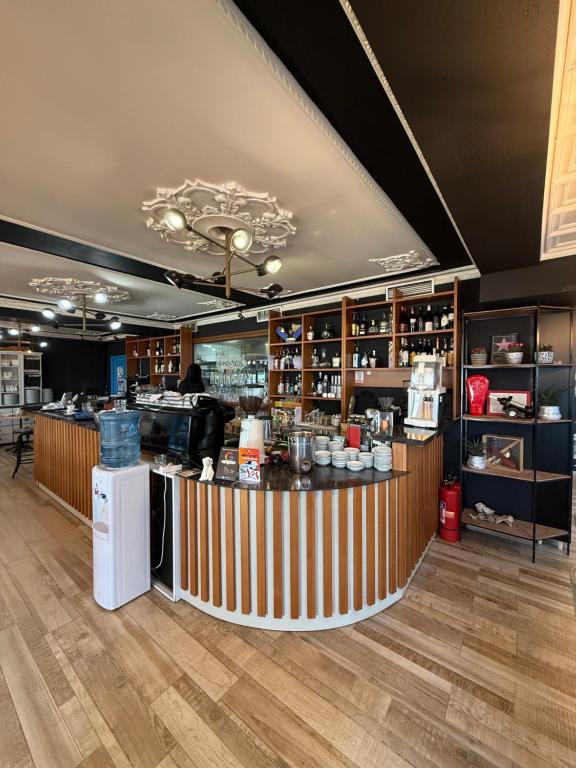 Elegant cafe bar with wood paneling