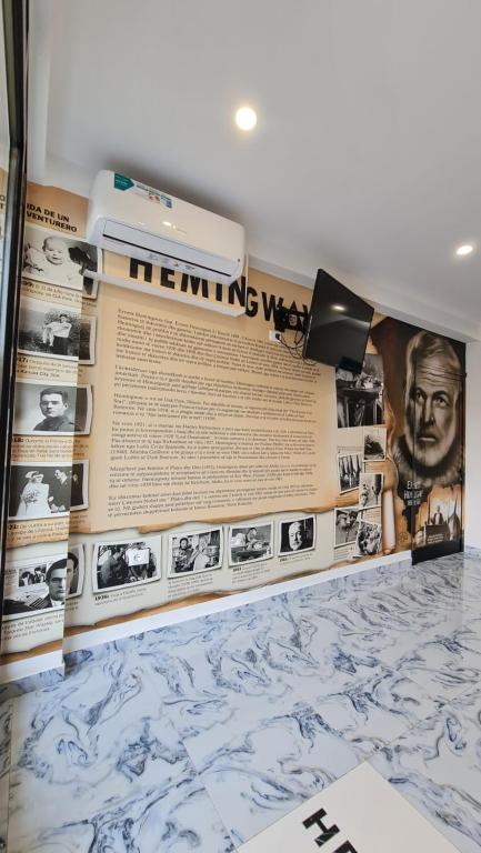 Hemingway biographical wall with archival photographs